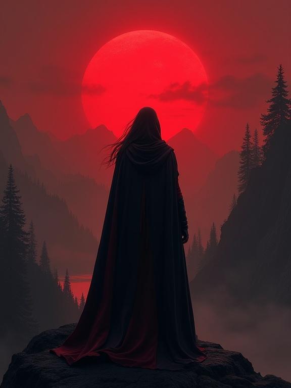 Dramatic back view of a barbarian heroine at the cliff edge. Strong posture, looking over dark valley. Crimson sunset casts red light over landscape. Dark hooded cloak with red lining. Silhouette focus with dramatic lighting and atmospheric details.