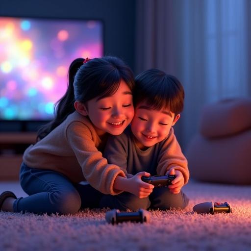 A mother and her son are sitting on the carpet. They are hugging each other while playing video games. Several PS5 controllers lie on the carpet. They are excitedly engaged in gaming together. The room is illuminated by a colorful screen. The scene is warm and touching.