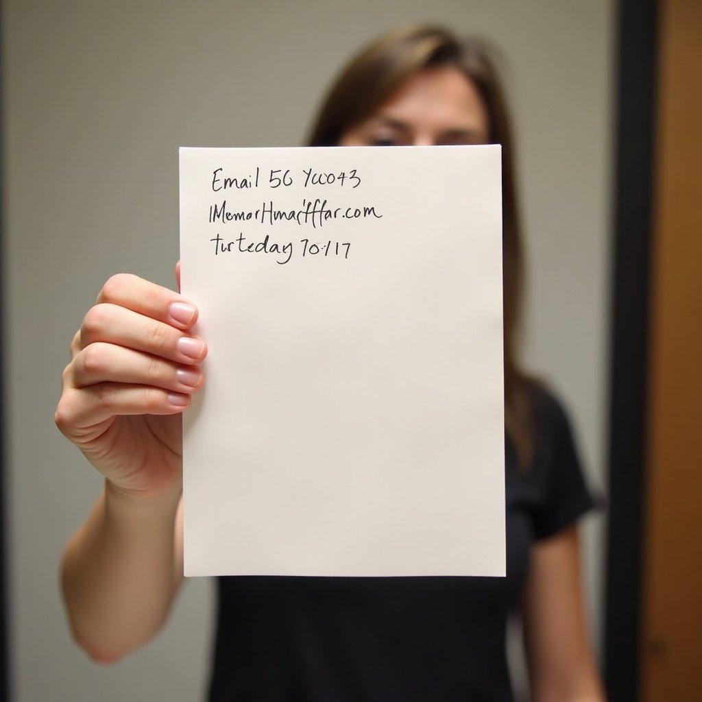 The image shows a person holding a blank piece of paper with a handwritten email address and a date. The individual’s arm and hand are clearly visible, holding the paper in front of their body. The background is simple and unobtrusive, allowing focus on the email details. Natural lighting highlights the handwriting without any filters or edits. The individual is positioned front-facing, ensuring clarity of the information presented on the paper.