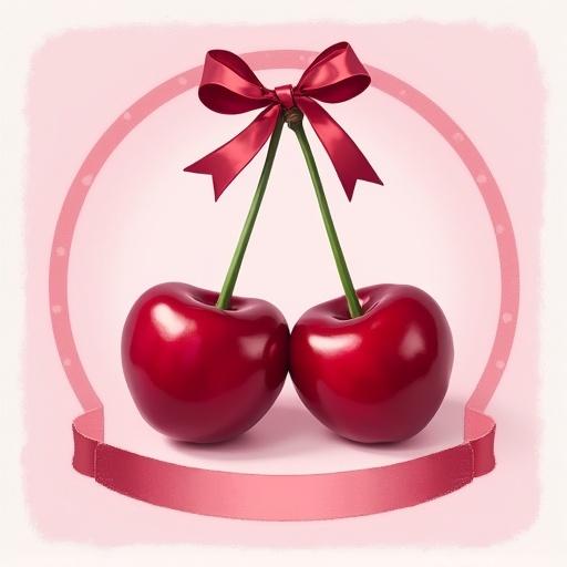 Painting of a pair of cherries with a light pink background. Pretty ribbon surrounds the border with a bow at the top.