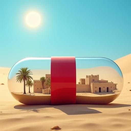 Fictional artwork features a clear capsule, half dark red with 'OMAN' written. Inside is a miniature of Muscat's castles, palms, and dunes. Capsule is on a sandy beach under blue sky and bright sun.