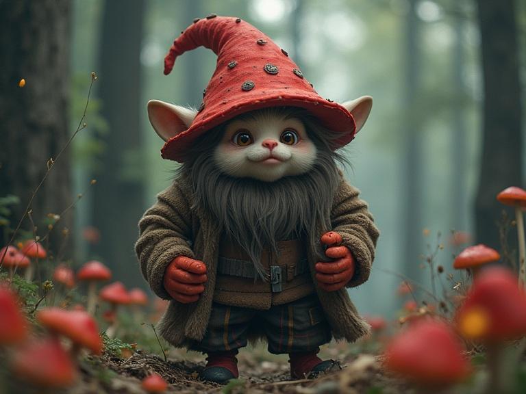 A fantasy gnome character dressed warmly in a Scandinavian forest surrounded by red mushrooms. The gnome features a large red hat with dots, a playful expression of 'rage,' and a bushy beard. The setting is enchanting and colorful.