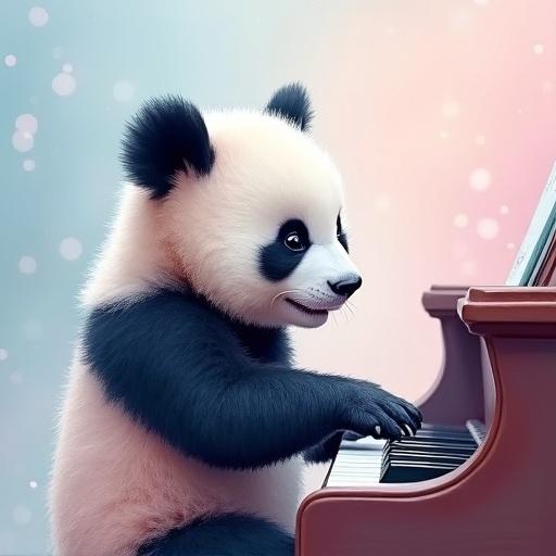 Profile picture featuring a baby panda playing piano. Background showcases a soft bokeh effect with light blue and pink hues. The panda appears joyful in its activity.