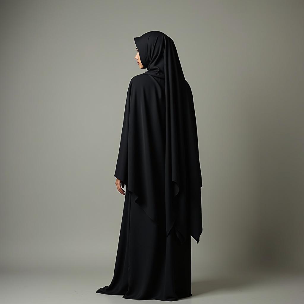 A woman in traditional black clothing shot from a side angle against a neutral background