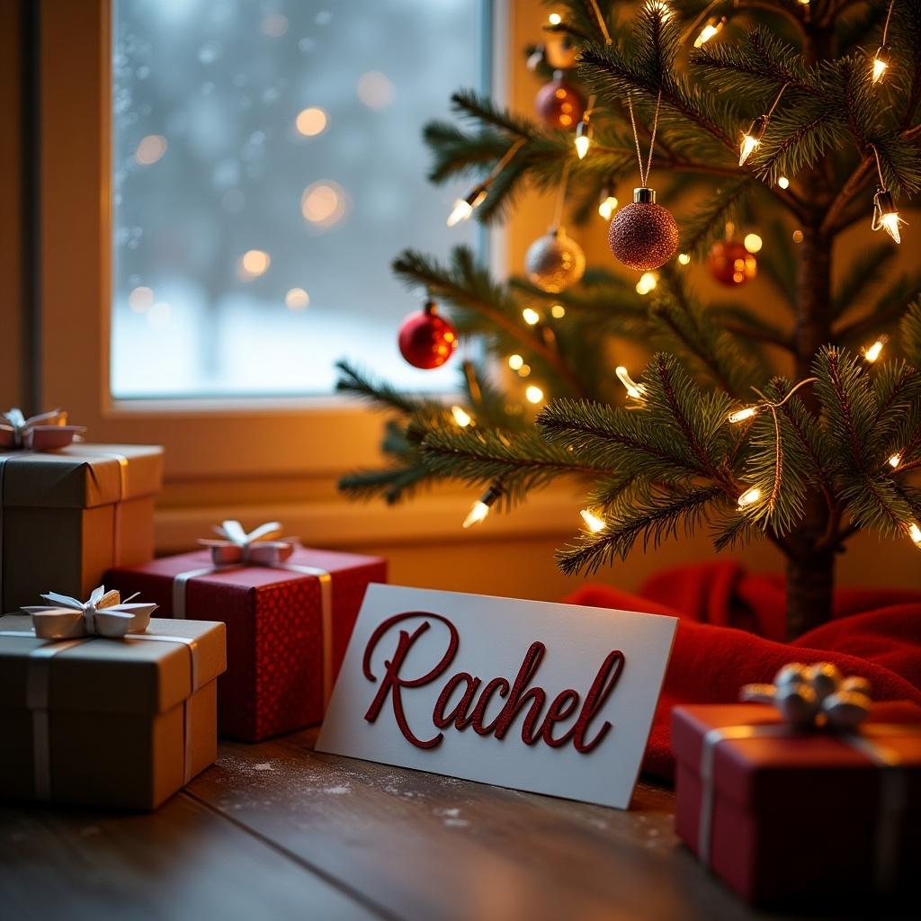 Christmas scene featuring a decorated tree. Gifts arranged at the base. Centered focus on a name sign that reads 'Rachel'. Warm festive atmosphere. Snow visible outside the window.