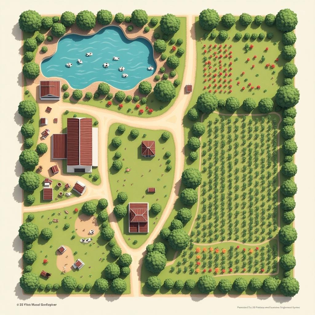 Layout of a 2.5-acre farm. Features a dairy unit for cows. Pond designed for ducks and fish. Horticulture section with fruit plants. Crop production area has divided plots. Pathways allow for easy movement. Each section includes dimensions.