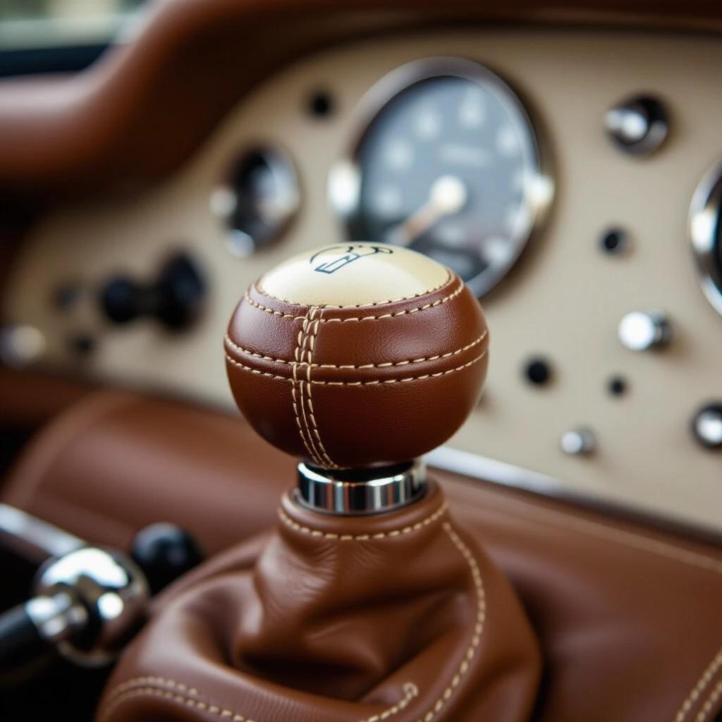 Close-up shot of a 1963 Jaguar E-Type gear knob. Focus on leather stitching and textures. Background blurred dashboard in cream. Shot with Hasselblad XCD 135mm lens.