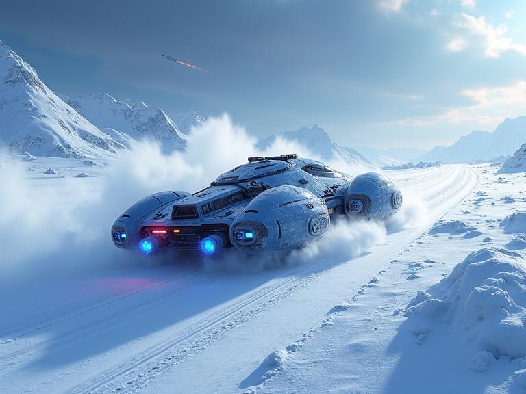 3D sci-fi ice speeder races across frozen wasteland. Kicks up snow and ice navigating treacherous terrain. High-speed blur effect with sci-fi sky. Orbital station lights visible. Terrific blizzard storm in background. Dark art with cold blue, white, purple, and black colors. Intricately detailed image.