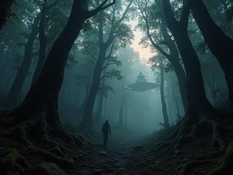 A cinematic hyperrealistic scene in a dense ancient forest. Camera flies low through misty trees. Gnarled roots and glowing fungi appear. Dark treetops shimmer like shadows. Light beams pierce the fog. Brief glimpses of forest floor with stones and old ruins. Suddenly, a massive Star Destroyer appears in the sky. Its red lights glow against the background. The vibe is mysterious and intense.