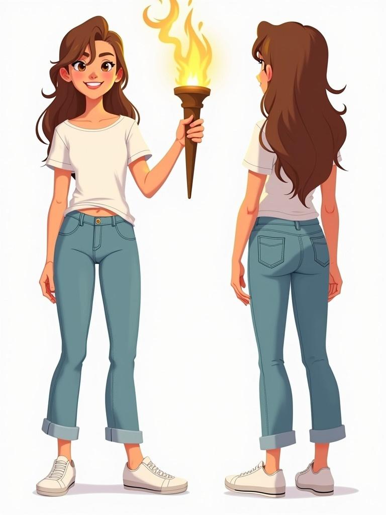 Character design showcase of a stylized teenage female with long hair. Multiple views including front side back and three-quarter angles. Character holds a torch. Attire includes casual t-shirt and jeans with white shoes. Detailed depiction of attire and physique.