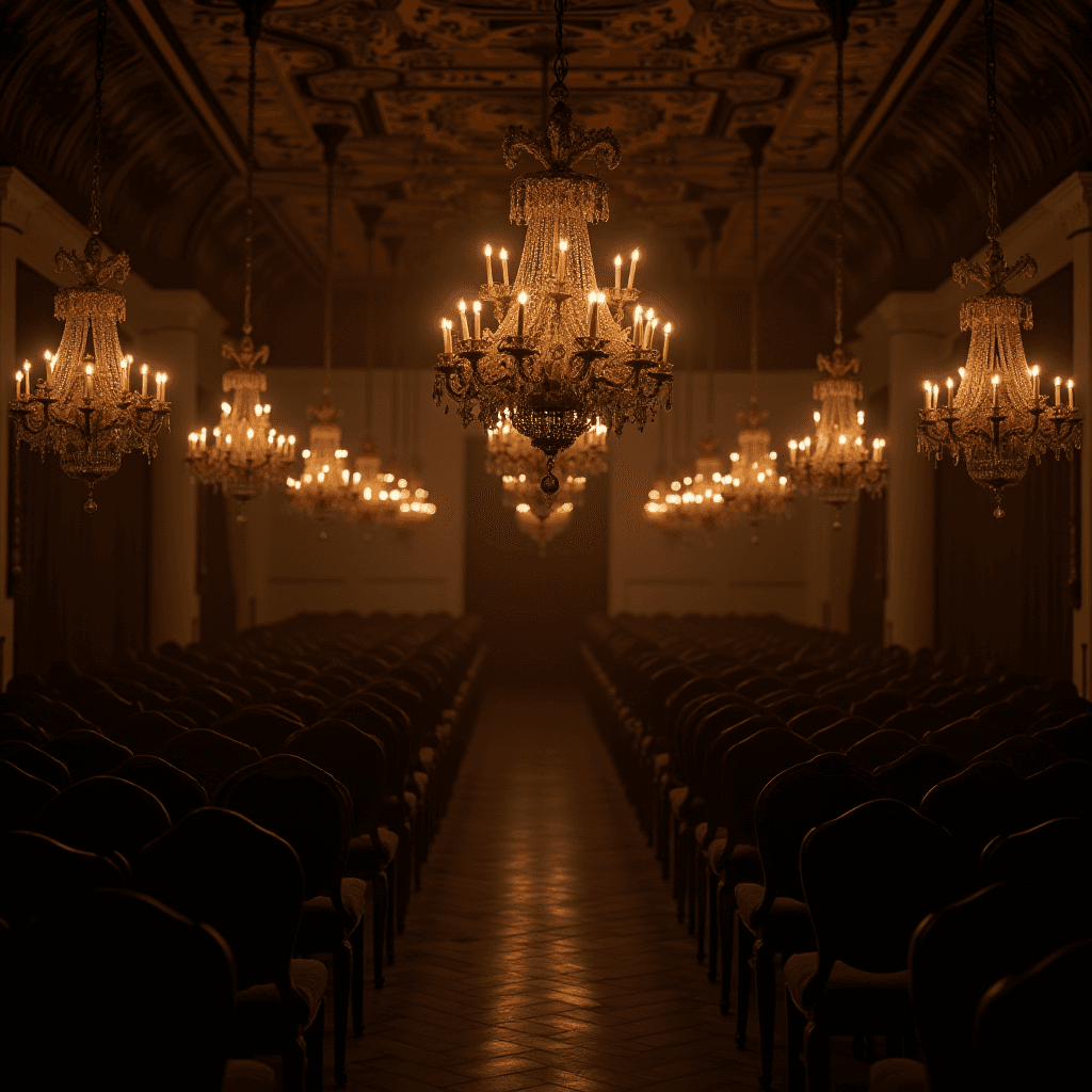 A dimly lit, elegant hall with ornate chandeliers and rows of empty chairs.