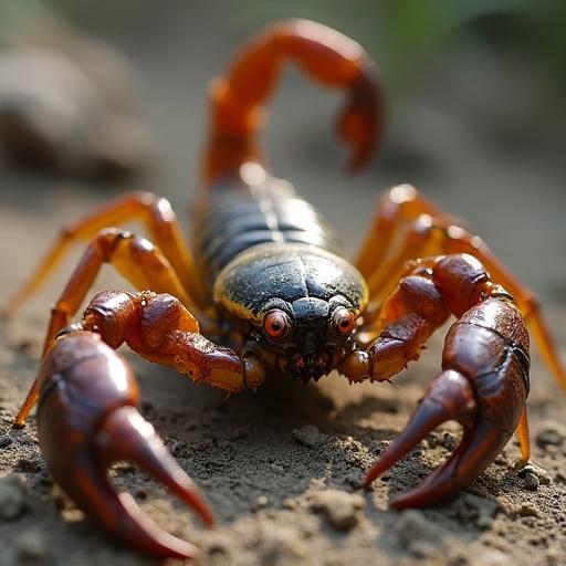 Photorealistic image of a scorpion. Image shows a scorpion with detailed features and colors. Scorpion positioned in a natural habitat. Images captures texture of scorpion's body.