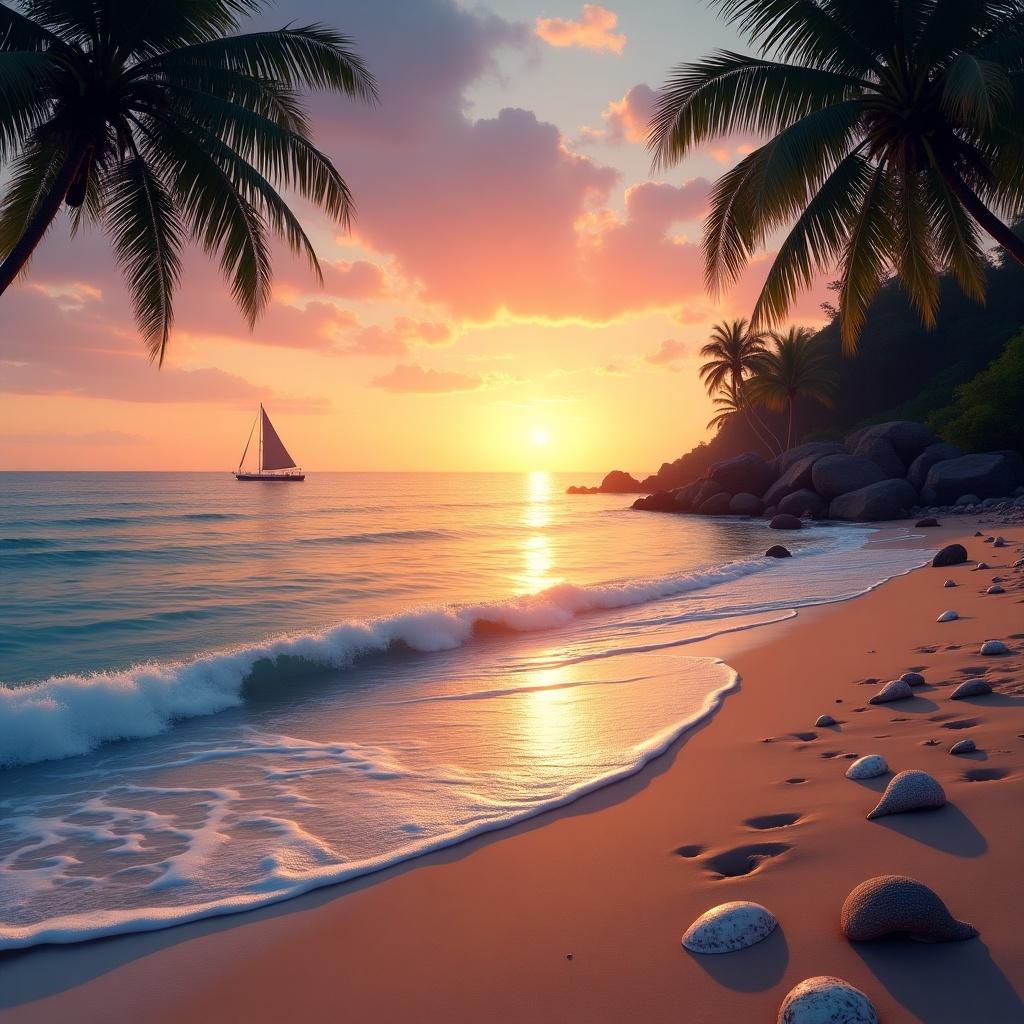 This image depicts a serene tropical beach at sunset. Palms sway gently in the foreground. A small sailing boat is visible on the horizon. The sky showcases vibrant hues of orange and pink blending into the blue. Gentle waves caress the sandy shore, creating a tranquil ambiance. Stones and smooth sand complete the picturesque scene.