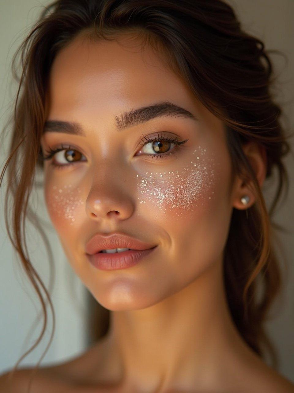 Charming beauty with glowing skin and sparkling makeup. Focus on the skin texture and makeup elegance.