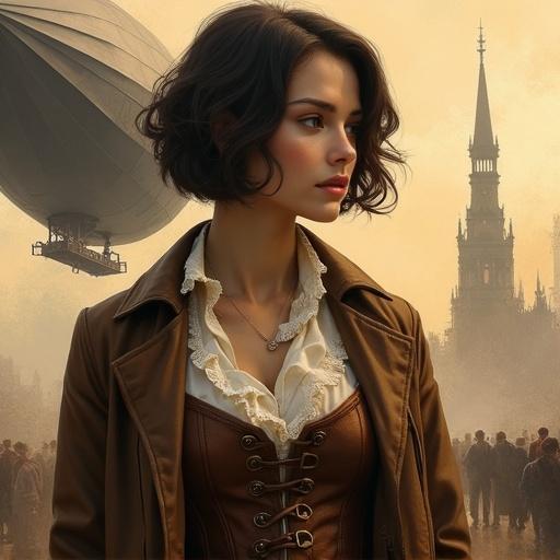 Steampunk digital oil painting of elegant determined young woman with stylish short dark brown hair in three-quarter profile view. She wears brown leather jacket over intricately detailed corset laced over white ruffled blouse. Behind her large dark Zeppelin airship looms. Background features hazy steampunk cityscape with tall structures and crowd of silhouettes. Warm ochre-toned hazy sky. Expressive visible brushstrokes. Mood of poised adventure.