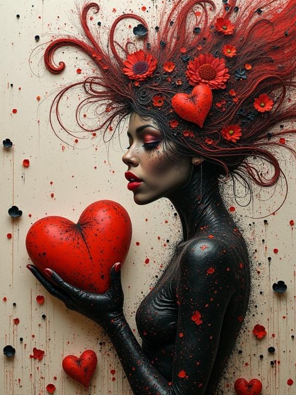 Artwork features a woman with dark skin and vibrant red heart-shaped elements in her hair and hands. The image displays intricate details and whimsical style with a focus on love and femininity.