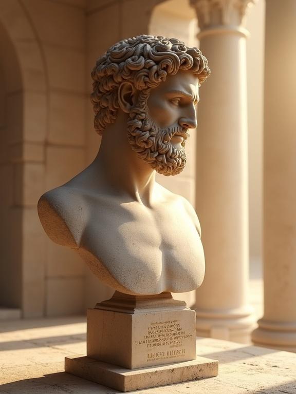 Ultra-high resolution concept art features ancient marble bust of Marcus Aurelius. The bust is in a three-quarter view. The stone texture is softly weathered with subtle cracks. Warm sunrise light creates rim-lighting from the right, producing long shadows. The background is minimal with mist filling and Roman columns fading into haze. A quote in elegant Roman-serif typography is centered beneath the bust with an embossed gold foil effect. The overall color palette consists of harmonious earth tones. The mood is tranquil and contemplative. The image includes extraordinary photorealistic detail.