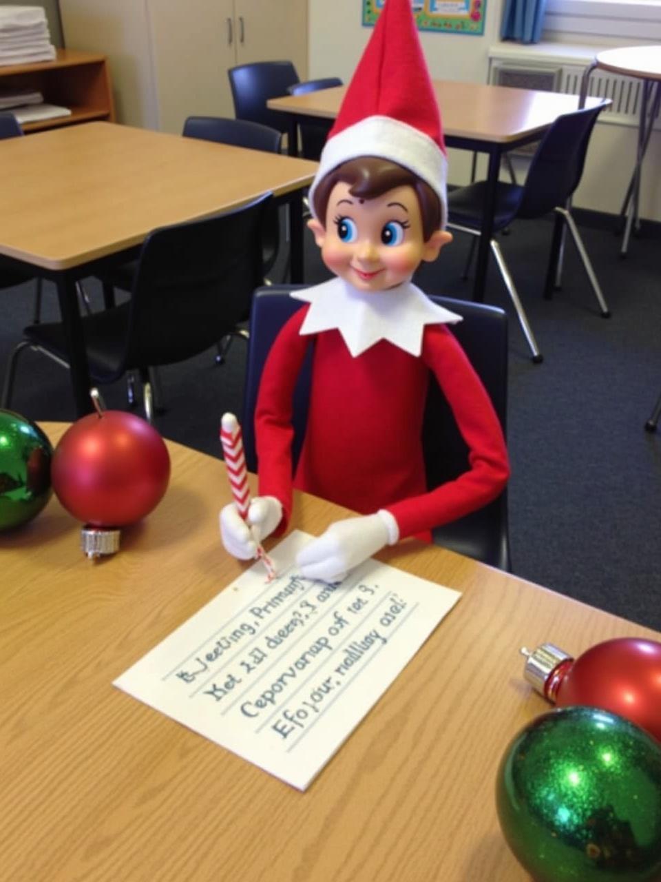 An elf sits at a wooden table in a classroom writing a note. The elf is in a red outfit with a pointed hat. The elf holds a candy cane. The note says 'Greetings Primary 3! Elf here, reporting for duty!' Decorations include Christmas baubles. The scene captures childhood magic and Christmas cheer in the classroom.