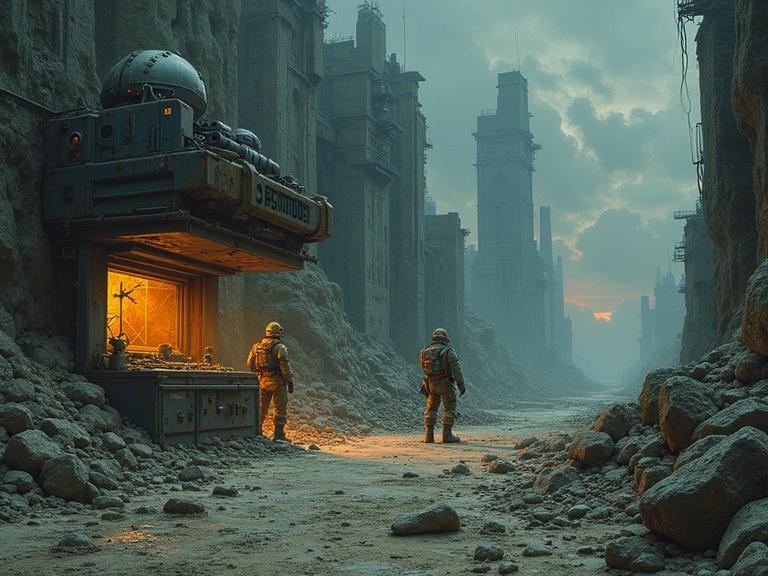 Warhammer 40,000 theme. Battered listening post in a ruined cityscape. Survivors navigating the aftermath of an orbital collapse. Orange glow illuminating the scene. Soldiers in futuristic gear assessing their surroundings. Struggle for survival in a desolate environment.