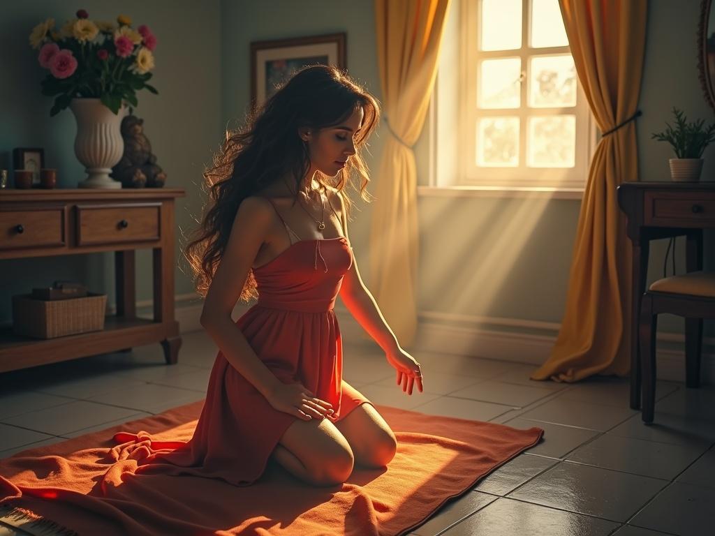 Woman in a red dress kneeling on a rug in a well-lit room. Sunlight streams in through a window, creating a warm atmosphere.
