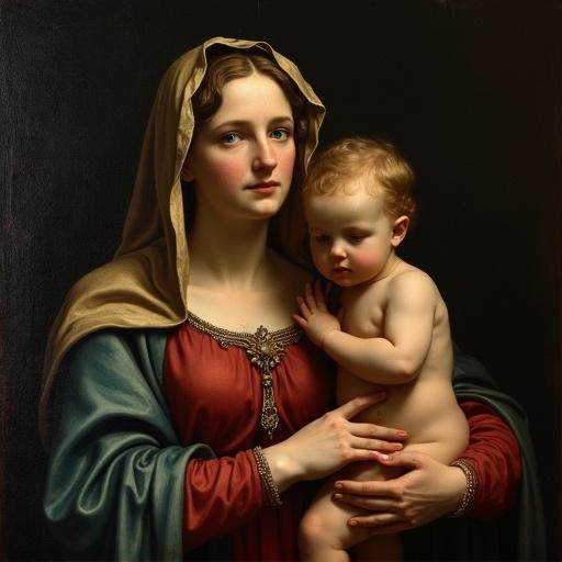 Portrait of a Madonna with a child in Baroque style featuring dramatic Caravaggio lighting painted in oil on canvas