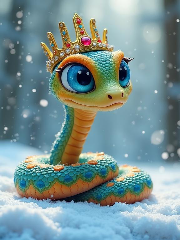 A whimsical snake with vibrant scales in blue, orange, and green. The snake is curled on a snowy surface. The snake has large blue eyes and wears a golden crown with jewels. The background shows a hazy forest with gentle snowfall, creating a magical scene.