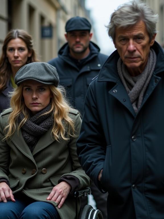 Realistic portrait photo of a diverse group in a Paris street. A blond woman sits in a wheelchair. A man with a hat and scarf stands nearby. Strong severe looking woman next to her. Another man in a blue suit stands behind the group. The atmosphere seems tired and puzzled.
