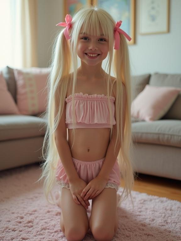 Young girl kneeling in a living room. Long blonde hair styled in twin tails. Wearing a pink crop top and ultra low-rise skirt. Smiling with an attractive pose. Thigh-high socks with lace. Soft lighting and pastel colors dominate the scene.