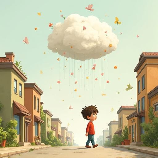 A boy walks through a town. A fluffy cloud floats above him. The cloud rains flowers instead of water. The style is charming with soft colors. The title appears above the cloud.