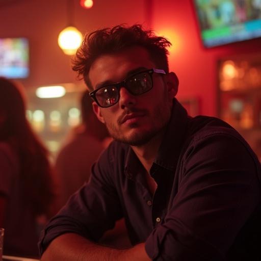 A man in his 20s appears shy in a bar filled with confident patrons. He takes up little space wearing sunglasses. The scene conveys a sense of being out of place and conveys an aura of solitude.
