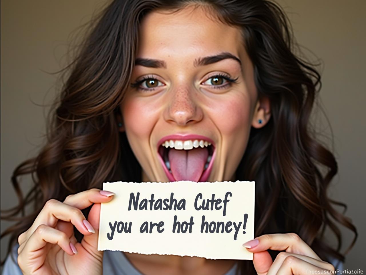 A young woman with distinct features, reminiscent of a certain artist, playfully poses for the camera, her lips slightly parted and her tongue sticking out. She holds a piece of paper between her fingers, displaying the phrase 'Natasha Cutef you are hot honey!' written in a black and grey, slim, handwritten style. The background is casual, with a hint of a textured surface. Her hair flows down, adding to the playful atmosphere of the image. The lighting is soft, enhancing her features and creating a warm vibe.