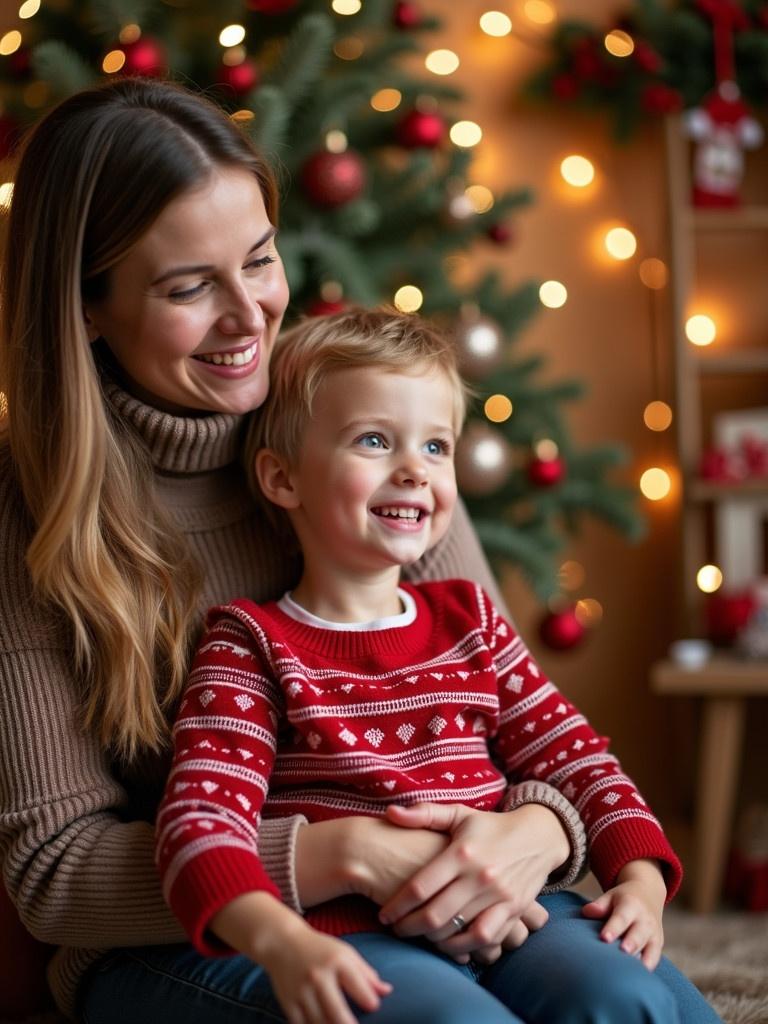 Cozy family moment during Christmas. Mother holds child in intimate embrace. Soft, warm lighting creates a festive atmosphere. Holiday decorations in the background create a cheerful scene. Emphasizes love and togetherness during the holidays.