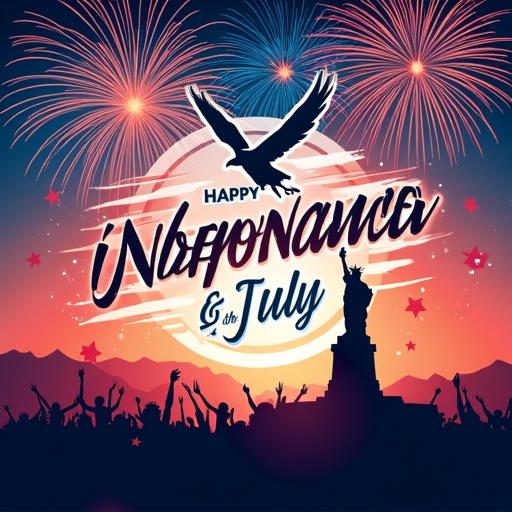 Design a bold and patriotic poster celebrating the 4th of July. Incorporate fireworks, American flag, Statue of Liberty, and an eagle. Use vibrant red, white, and blue colors. Include the text: 'Happy Independence Day' or '4th of July – Freedom & Pride.' The style is dynamic, celebratory, and eye-catching. Optionally feature silhouettes of people celebrating and waving flags.