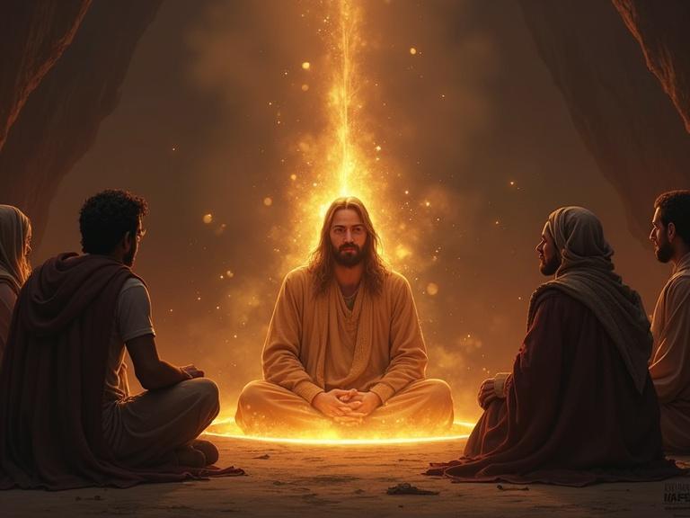 Villagers meditate around a glowing figure exuding a warm aura. They sit in deep thought. Realistic style is employed with warm tones. Image is vertical with a 9:16 aspect ratio.