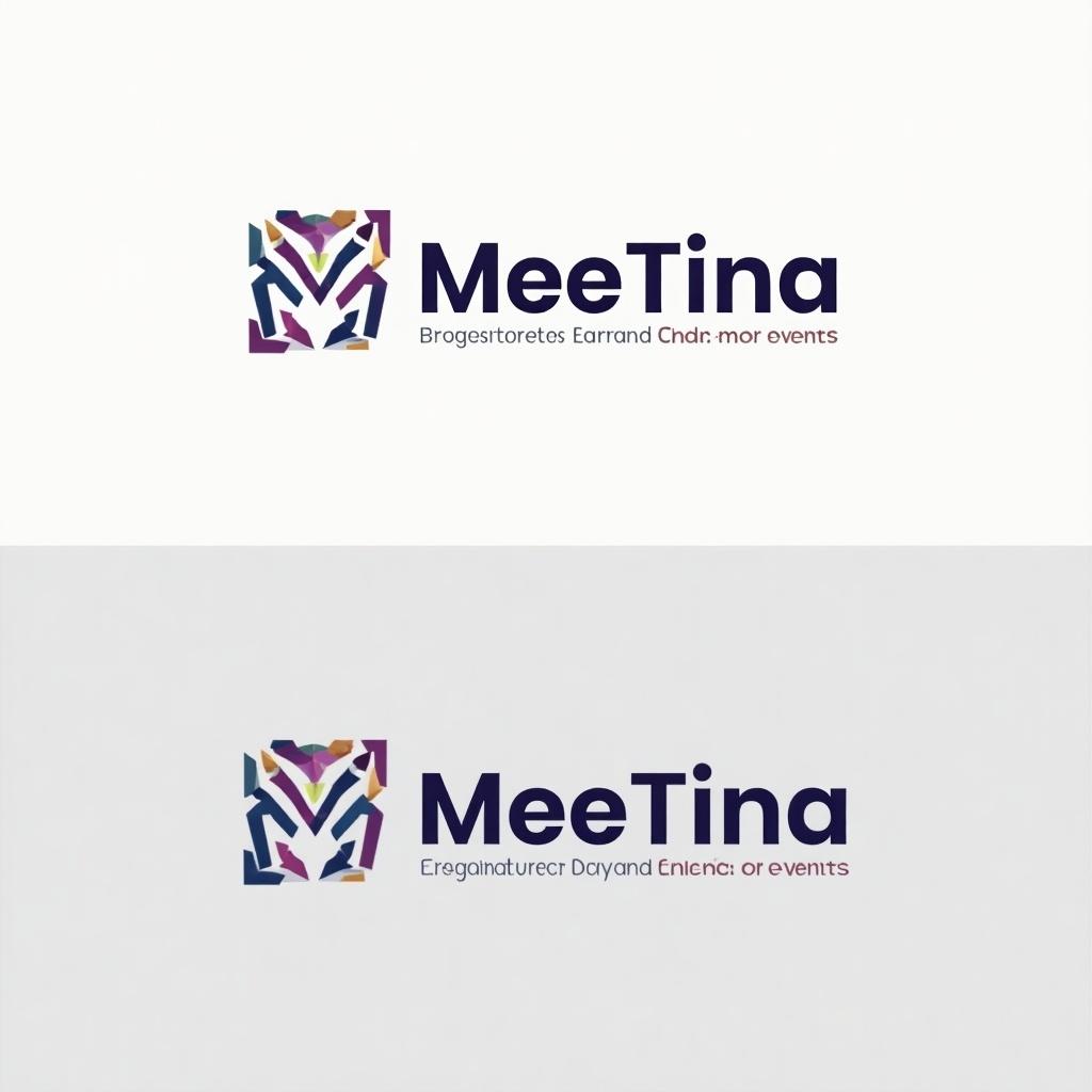 The logo design for MeeTina integrates modern aesthetics with geometric shapes and a glossy finish. The word 'MeeTina' is prominently displayed, with 'Tina' emphasized to denote the main event organizer's role. The design incorporates vibrant colors such as purple, blue, and green, creating a dynamic visual appeal. The overall look is clean and professional, aiming to resonate with clients seeking event management services. This logo communicates a sense of innovation and expertise in the event planning industry.