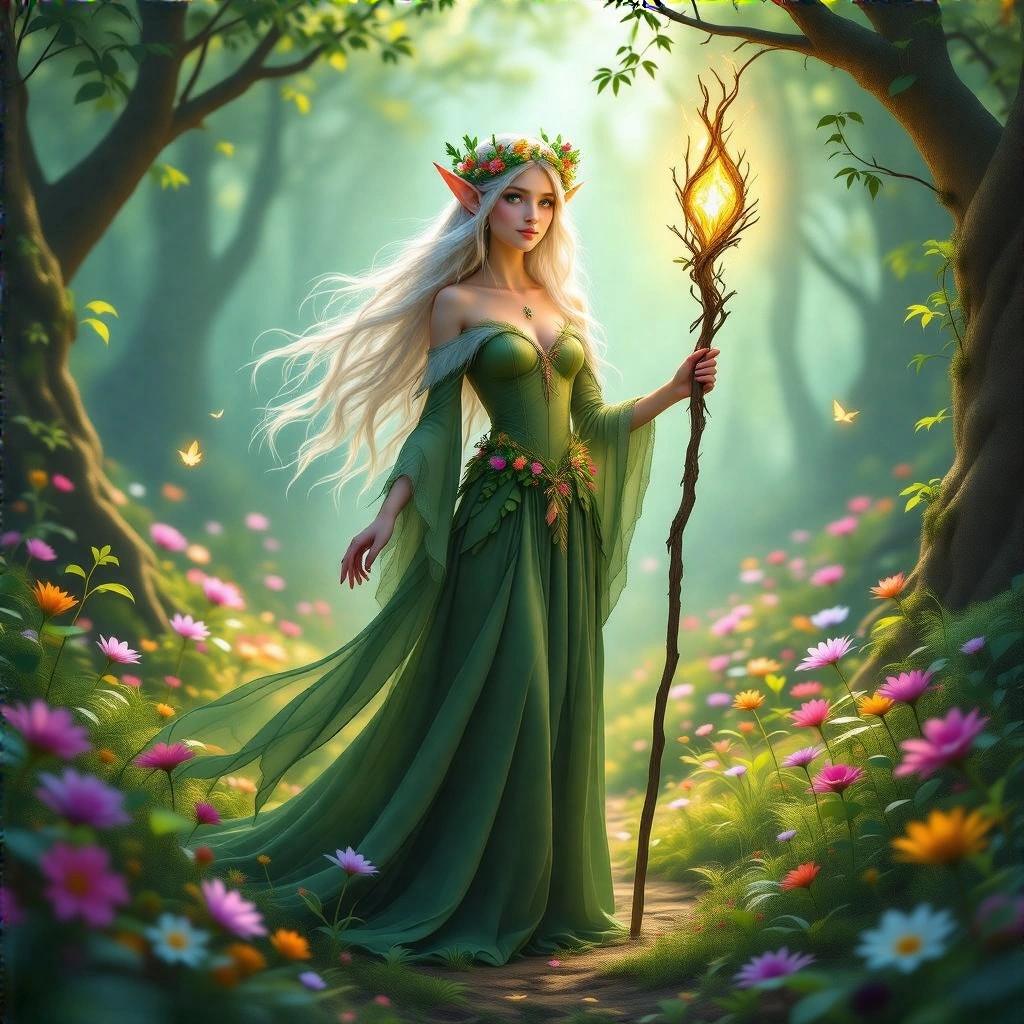 In a mystical forest filled with vibrant flowers and soft light a beautiful elf stands gracefully. She has long flowing white hair adorned with a crown of leaves and flowers. Wearing an elegant green gown she holds a glowing magical staff. The atmosphere is serene surrounded by lush greenery. A sense of adventure and mystery permeates the scene.