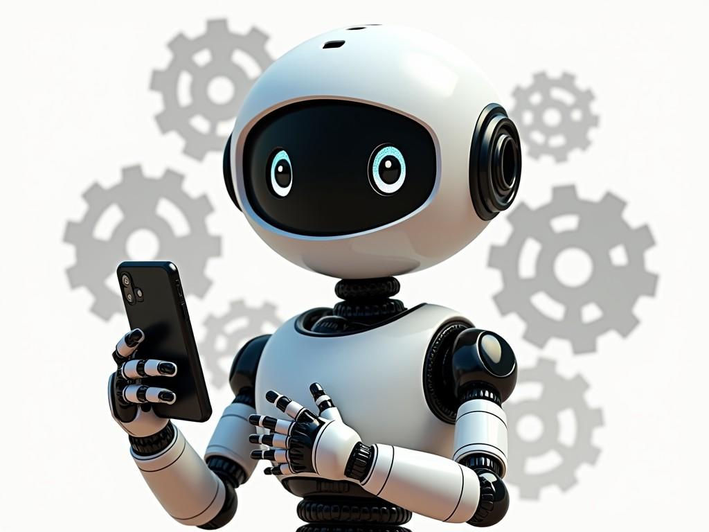 A futuristic robot with glowing eyes interacts with a digital device against a backdrop of gears.