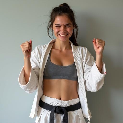 A young realistic woman wearing a very worn karate gi with fists up. She appears tired but smiling. The gi is open revealing a grey sports bra and extreme abs. She has a toned physique and ponytail. Body has red cherry sauce spatters. Fists have spots of cherry sauce. Background is a plain light wall.