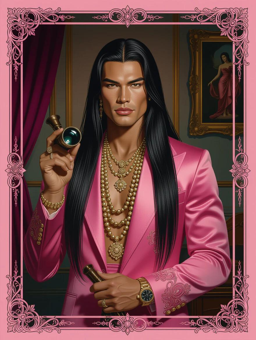 Oil portrait of a striking Hawaiian androgynous person in their 30s wearing pink formalwear decorated with heavy jewelry. The person holds a spyglass in a dim mansion room. Art nouveau border frames the scene. Dark and mysterious tone dominates the artwork.
