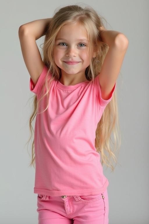 A young girl with long blonde hair shows a playful pose wearing a fitted pink t-shirt and jeans. The background is a soft neutral color. Her hair falls around her shoulders while her arms are lifted behind her head in a fun gesture.