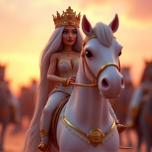 A royal female character with long hair and a golden crown rides a white horse. The scene is set during a sunset with a parade atmosphere.