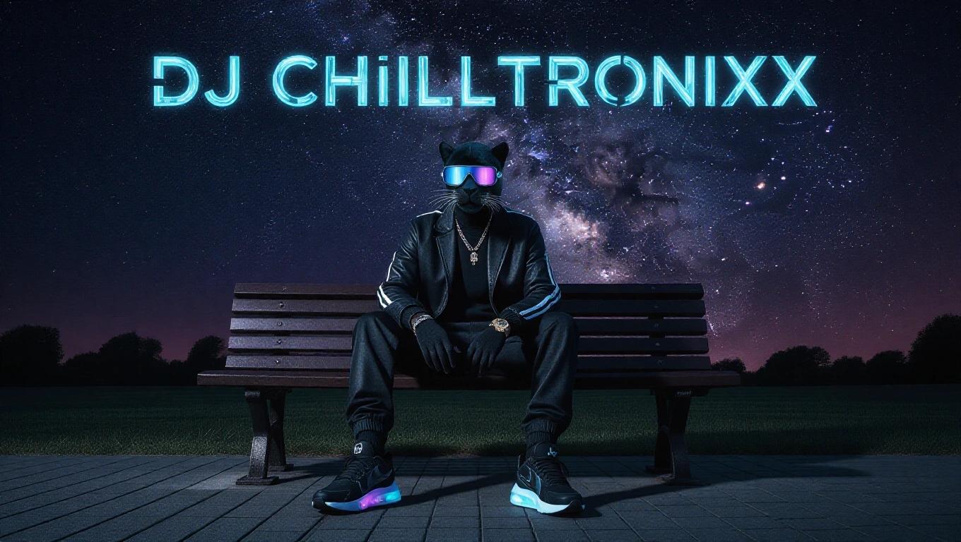 A Puma panther character in stylish clothes blends street fashion with sci-fi aesthetics. Dark neon Nike Air Max 2026 runners illuminate as character sits on a park bench. Behind is a vast nebula sky filled with stars. The text DJ Chilltronixx appears above in futuristic style. A perfect illustration for an album cover.