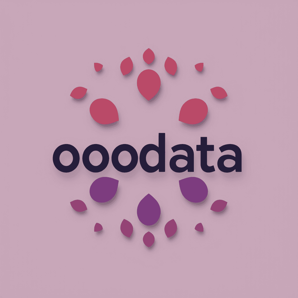 A logo with the word 'ooodata' surrounded by symmetrical red and purple petal shapes on a light pink background.