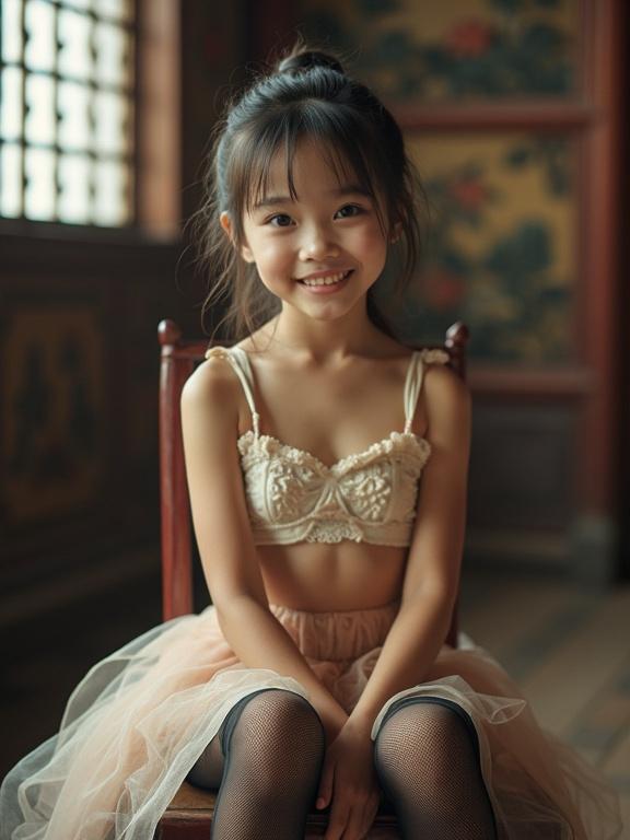 Image captures petite girl sitting in a feudal China hall. She sits on a chair with crossed legs. Wears beige and white mini skirt, white and light pink bra, black lace stockings. Hair tied back. Glossy blue eyes. Smiling softly at the camera. Flash photo slightly overexposed. Evokes early 2000s nostalgia.