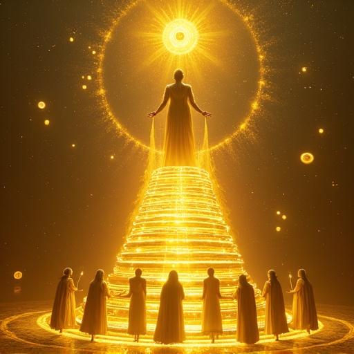 A luminous golden guardian stands atop a levitating staircase made of liquid gold. In one hand, they offer six radiant pentacles. Streams of glowing energy flow into the hands of shadowy seekers below. Gemstones orbit around them. The scene conveys cosmic balance of giving and receiving.