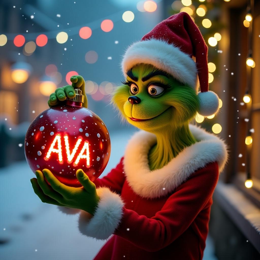 Grinch character holds a festive Christmas bauble in a snowy background filled with colorful lights that says Ava.