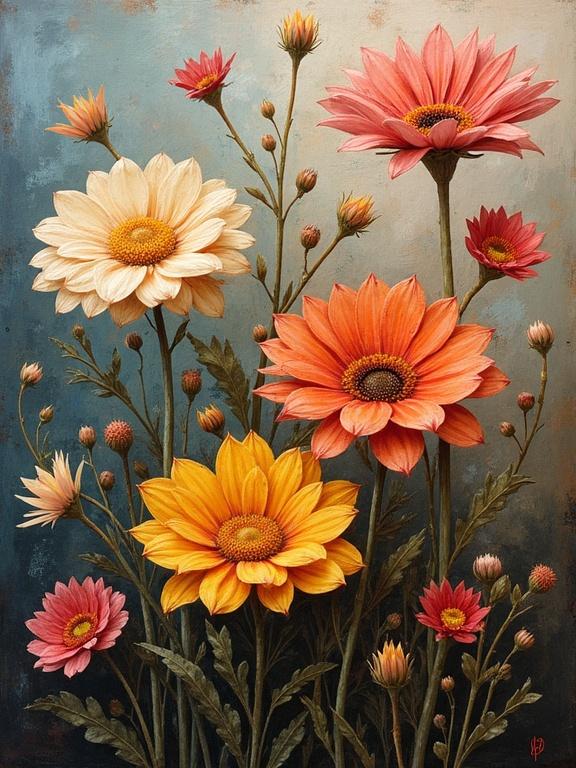 An artistic depiction of various flowers including daisies and gerbera. Bright colors and a textured background create depth. The flowers appear lively and vibrant.