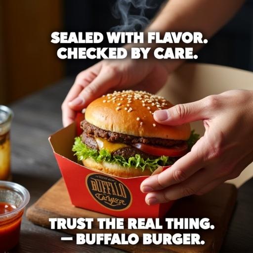 Hands pack a burger into a Buffalo Burger box. Sauces are added. Box is sealed. Steam is visible.