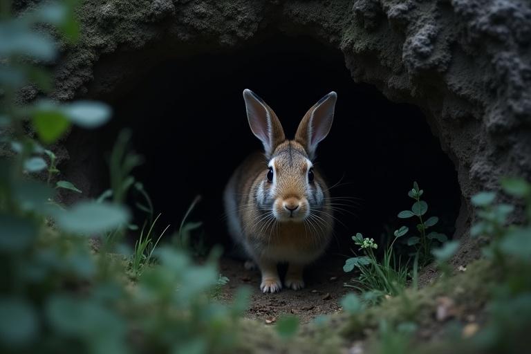 Rabbit entering dark cave quickly to hide from forest dangers