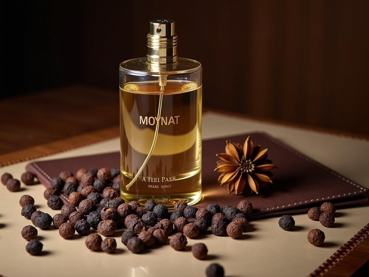 The image features a luxurious perfume bottle positioned on a beautifully arranged surface. The bottle has a sleek design with golden accents and is labeled 'MOYNAT'. Surrounding the bottle are various small, round spices resembling peppercorns, adding a touch of nature to the composition. The backdrop includes textures of leather and wood, enhancing the elegant aesthetic. The lighting casts soft shadows, emphasizing the bottle's reflective surfaces. This arrangement conveys a sophisticated and premium feel, suitable for a high-end fragrance.